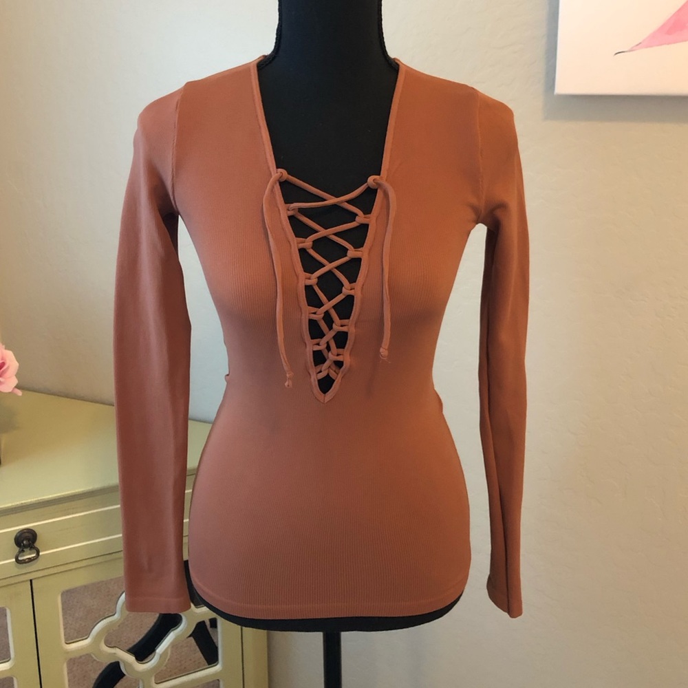 Free People Lace Up Ribbed Long Sleeve Top Sz S/XS